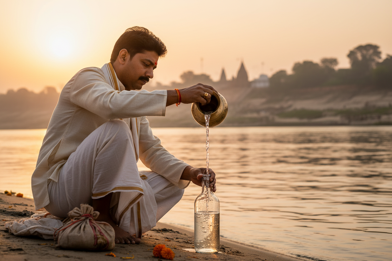 a  man filling gangajal in the bottle 