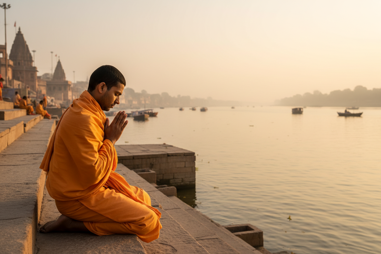 a man wearing saffron traditional cloth bend handed praying in front of ganga